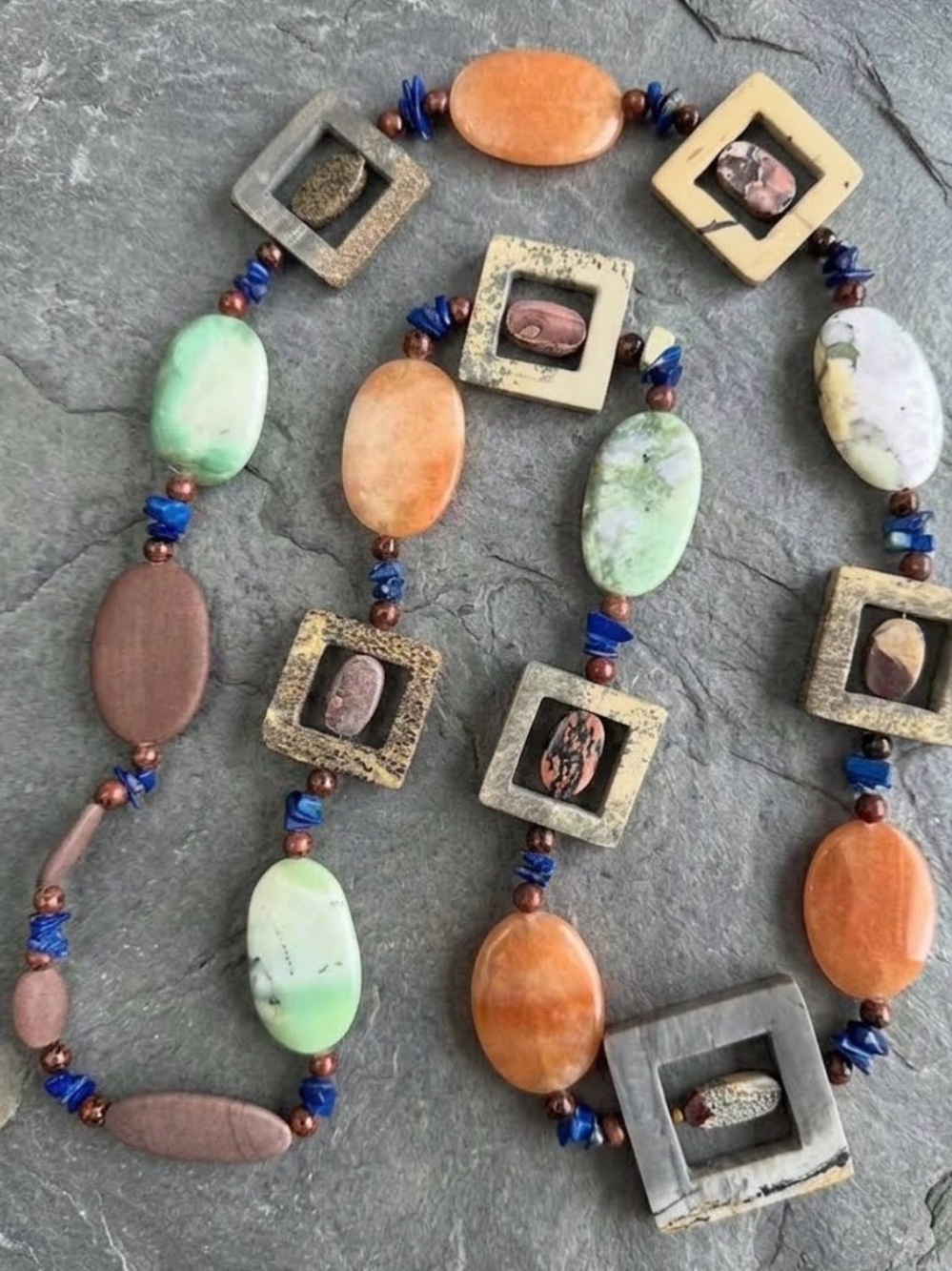 Vintage 38β Chunky Boho Natural Stone Statement Necklace Jasper Lapis Carnelian